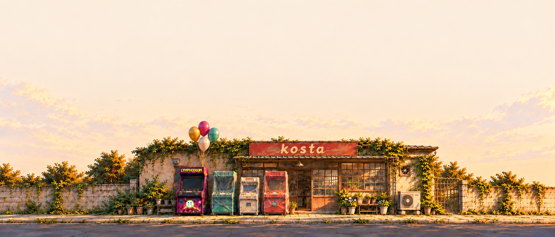 The kosta shop and arcade cabinets, with balloons above LYMPHODOOM