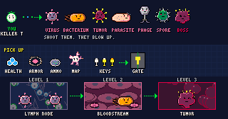 You are a killer T cell. Shoot viruses, bacteria, tumor cells, parasites, phages, spores and the boss. Pick up glucose for health, membranes for armor, ammo and dendritic scouts for the map; MHC-I keys open gates. Three levels: lymph node, bloodstream, tumor.